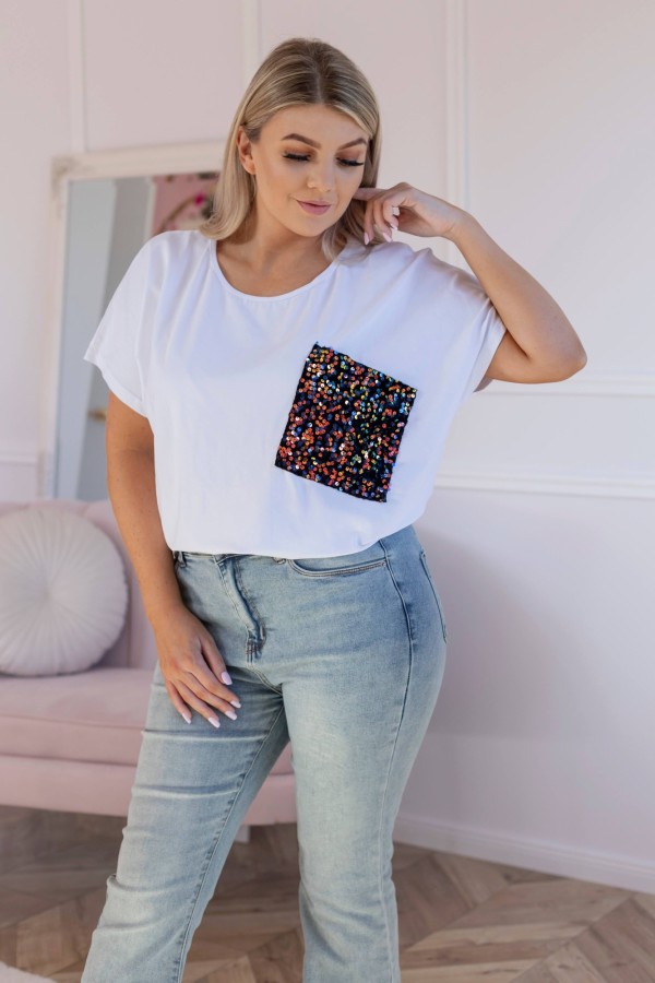 Bluzka damska plus size w kolorze białym kieszeń kolorowe cekiny TESA 3