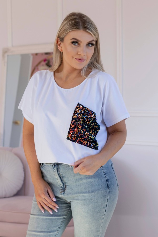 Bluzka damska plus size w kolorze białym kieszeń kolorowe cekiny TESA 1