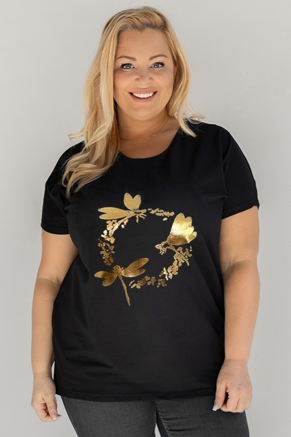 T-shirt damski plus size w kolorze czarnym złoty nadruk ważki TUNDRA 2