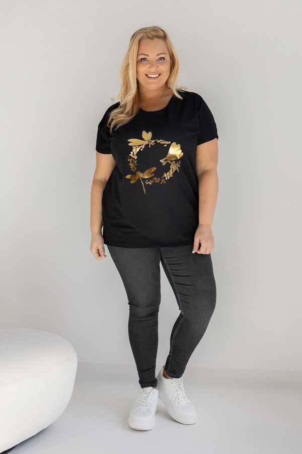 T-shirt damski plus size w kolorze czarnym złoty nadruk ważki TUNDRA 1