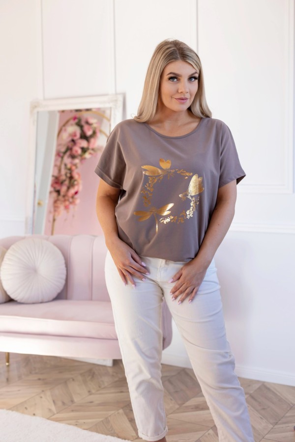 T-shirt damski plus size w kolorze beż latte złoty nadruk ważki TUNDRA 3
