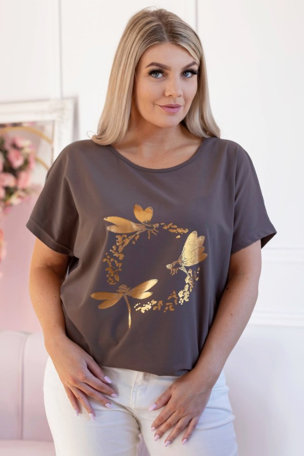 T-shirt damski plus size w kolorze brązowym złoty nadruk ważki TUNDRA 2