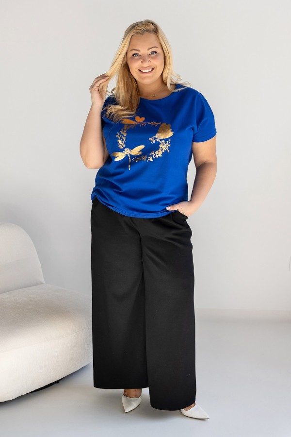 T-shirt damski plus size w kolorze kobaltowym złoty nadruk ważki TUNDRA 1