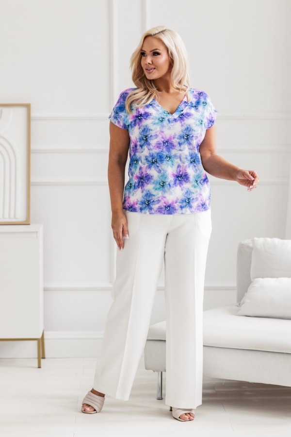 Bluzka koszulowa plus size fioletowo niebieskie kwiaty dekolt V-neck MARKO 1
