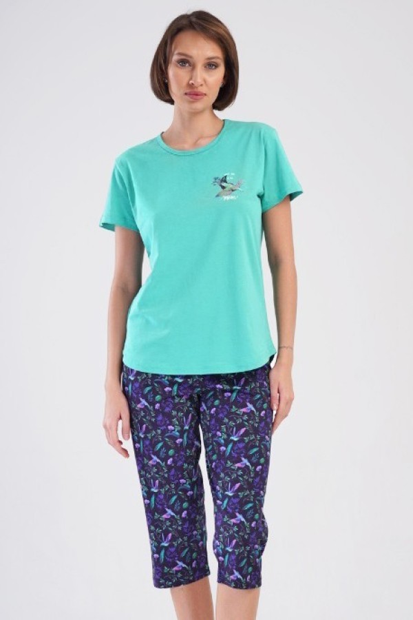 Piżama damska w kolorze miętowym komplet t-shirt + spodnie koliberki DINDY 2