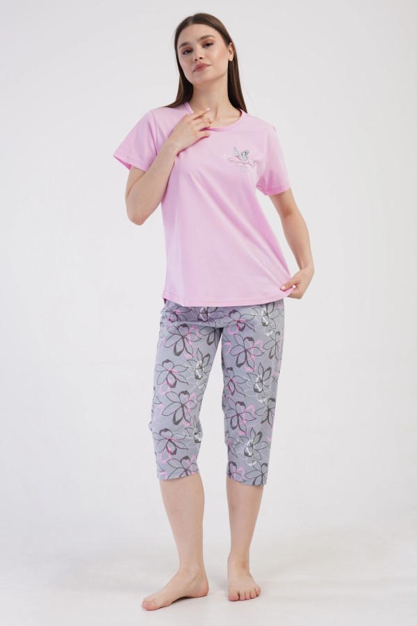 Piżama damska plus size w kolorze różowym komplet t-shirt + spodnie 3/4 duże kwiaty AIDA 2
