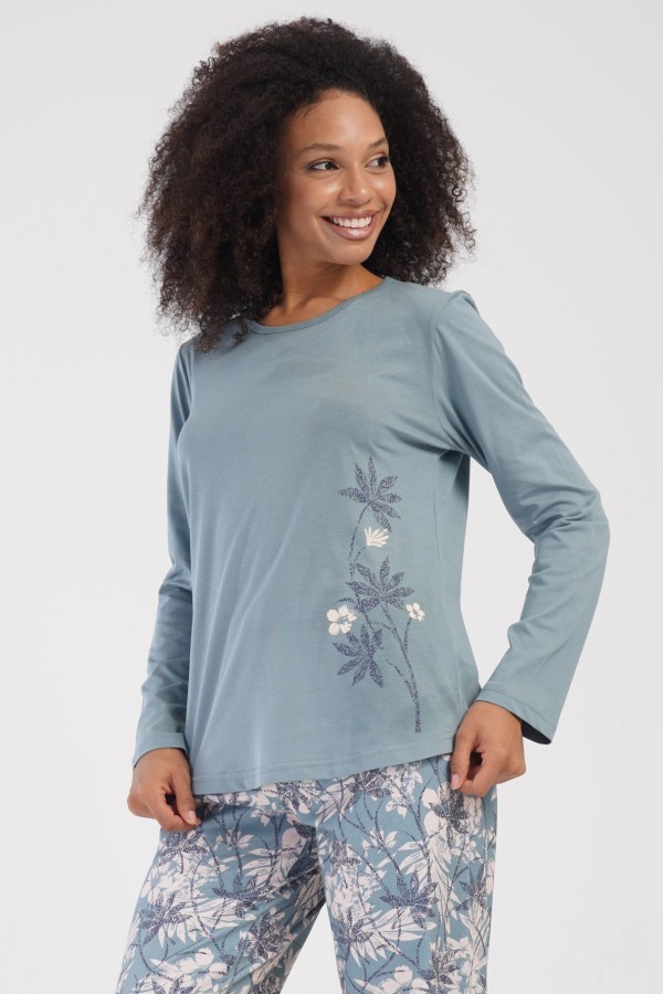 Piżama damska plus size w kolorze miętowym komplet bluzka + spodnie kwiaty DONA 2