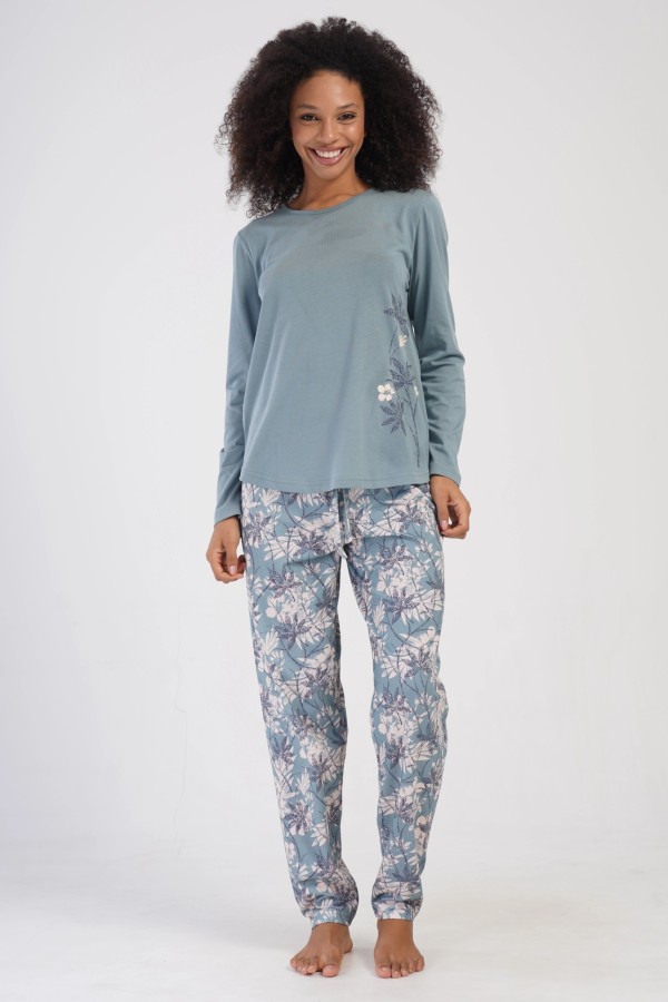 Piżama damska plus size w kolorze miętowym komplet bluzka + spodnie kwiaty DONA 1