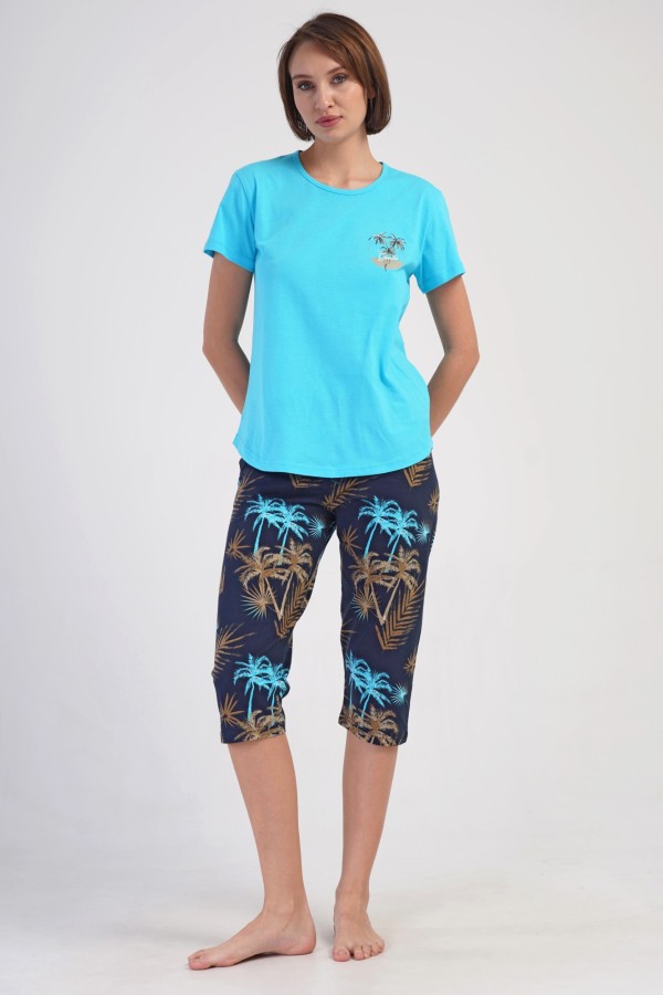 Piżama damska w kolorze turkusowym komplet t-shirt + spodnie palmy ENVI 1