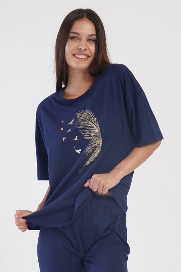 Piżama damska plus size granat komplet koszulka złote piórko + spodenki ściągacz TIANA 5