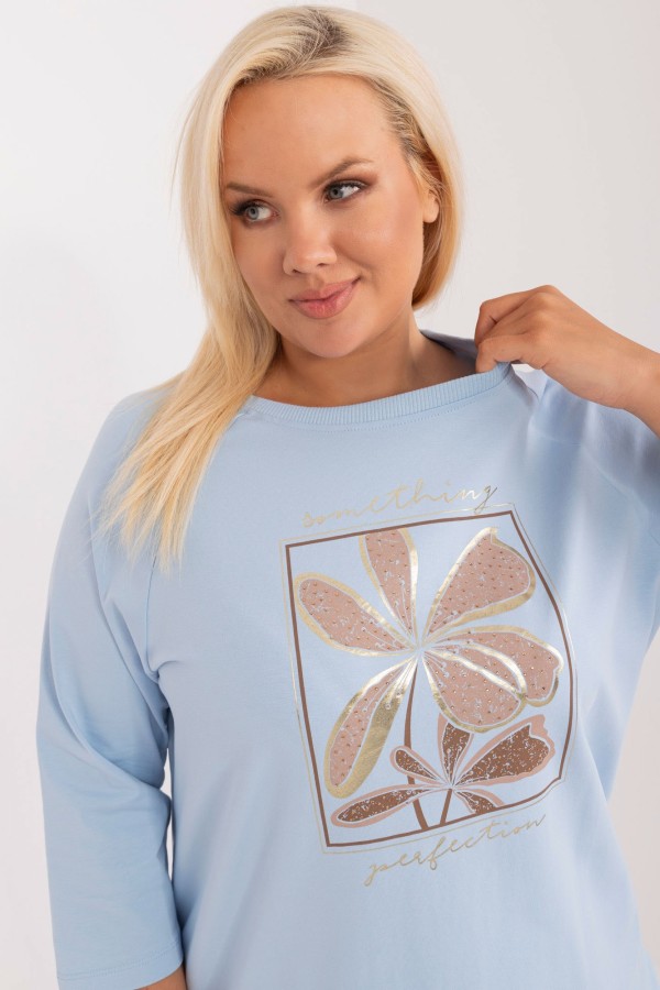 Bluzka damska plus size dłuższy tył w kolorze błękitnym złote kwiaty dżety Antonia 1
