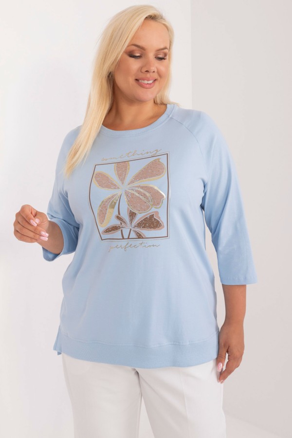 Bluzka damska plus size dłuższy tył w kolorze błękitnym złote kwiaty dżety Antonia 2