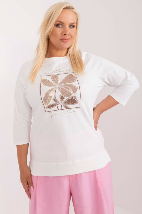 Bluzka damska plus size dłuższy tył w kolorze ecru złote kwiaty dżety Antonia 2
