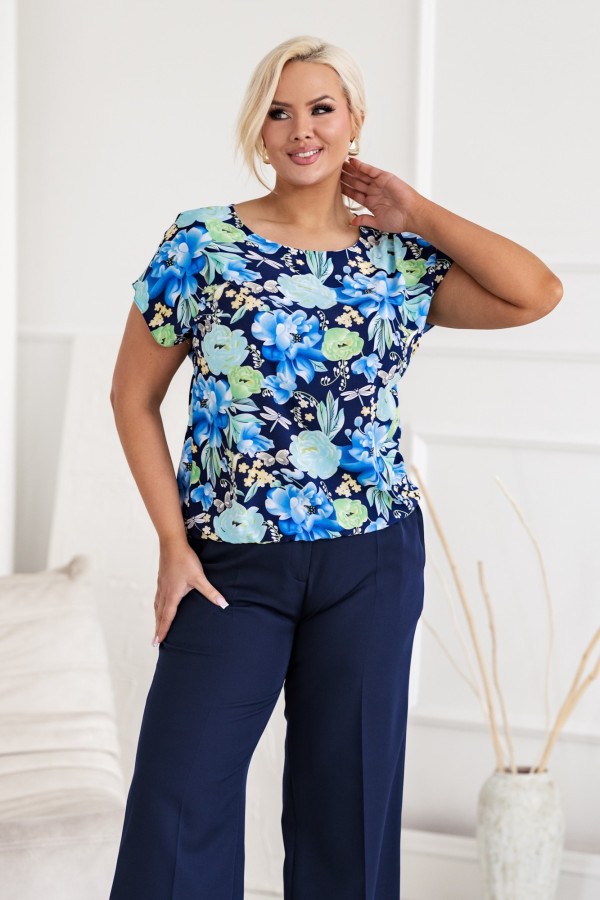 Lekka bluzka damska plus size z gumką niebiesko zielone kwiaty LUCITA 3