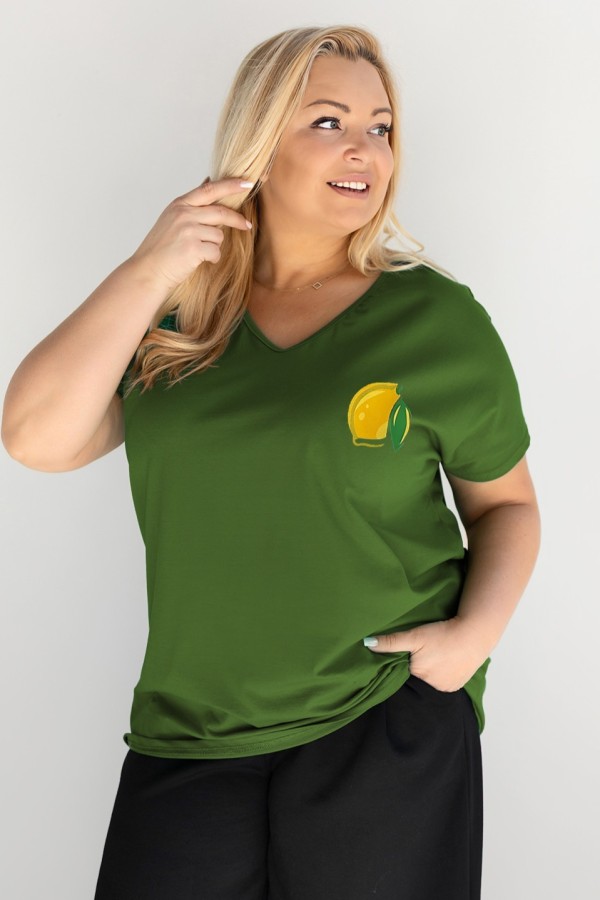 T-shirt damski plus size w kolorze oliwkowym dekolt w serek V-neck cytryna LEMON 1