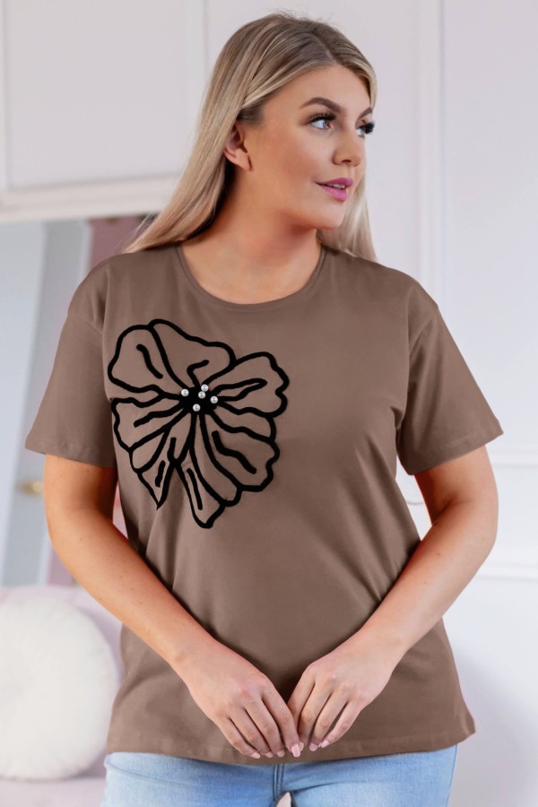T-shirt damski w kolorze cappucino aplikacja kwiat perełki April 2