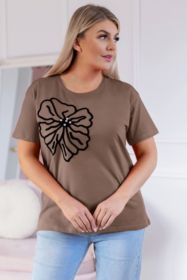 T-shirt damski w kolorze cappucino aplikacja kwiat perełki April 1