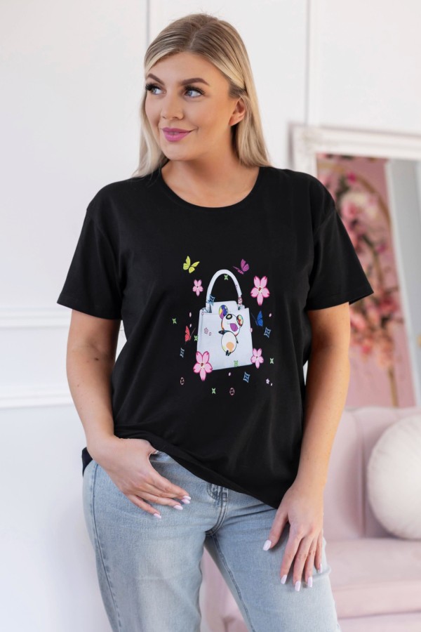 T-shirt damski w kolorze czarnym nadruk torebka LELI 1