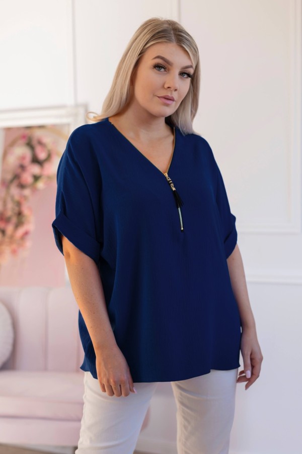 Elegancka bluzka koszula krótki rękaw w kolorze granatowym dekolt zamek ZIP STEFANA 1