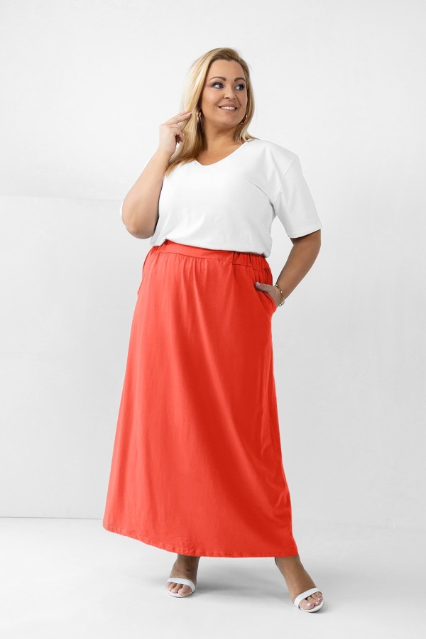 Długa spódnica plus size w kolorze brzoskwiniowym kieszenie VENUS 1