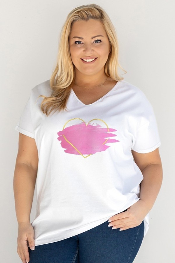 T-shirt damski plus size w kolorze białym dekolt w serek nadruk farba serce CODI 2