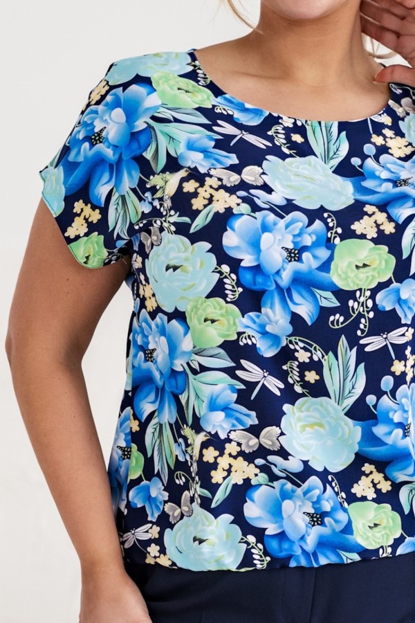 Lekka bluzka damska plus size z gumką niebiesko zielone kwiaty LUCITA 4
