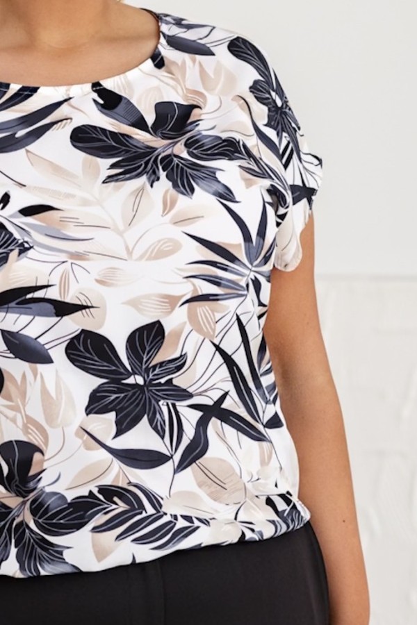 Lekka bluzka damska plus size z gumką czarno beżowe listki LUCITA 4