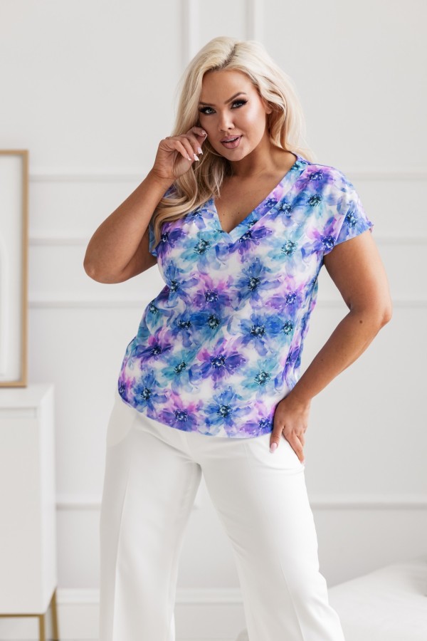 Bluzka koszulowa plus size fioletowo niebieskie kwiaty dekolt V-neck MARKO 2