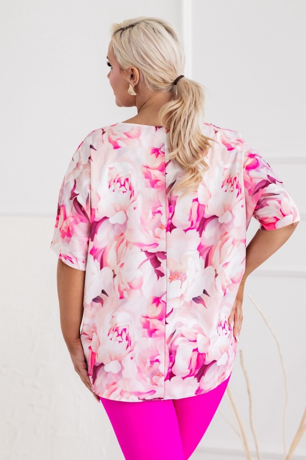 Lekka bluzka plus size nietoperz oversize różowo białe kwiaty MERLIN 4