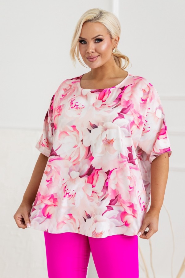Lekka bluzka plus size nietoperz oversize różowo białe kwiaty MERLIN 2
