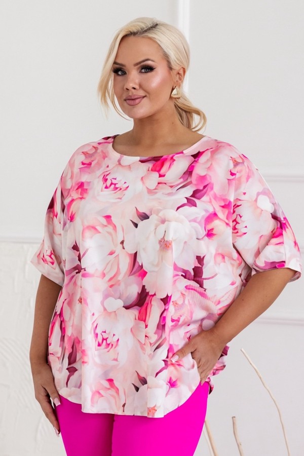 Lekka bluzka plus size nietoperz oversize różowo białe kwiaty MERLIN 3