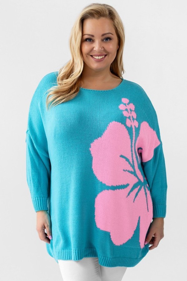 MEGA oversize sweter damski w kolorze turkusowym kwiat pudrowy VERDA 2
