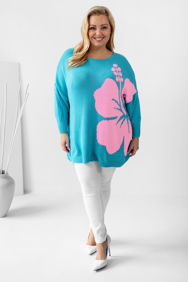 MEGA oversize sweter damski w kolorze turkusowym kwiat pudrowy VERDA 1