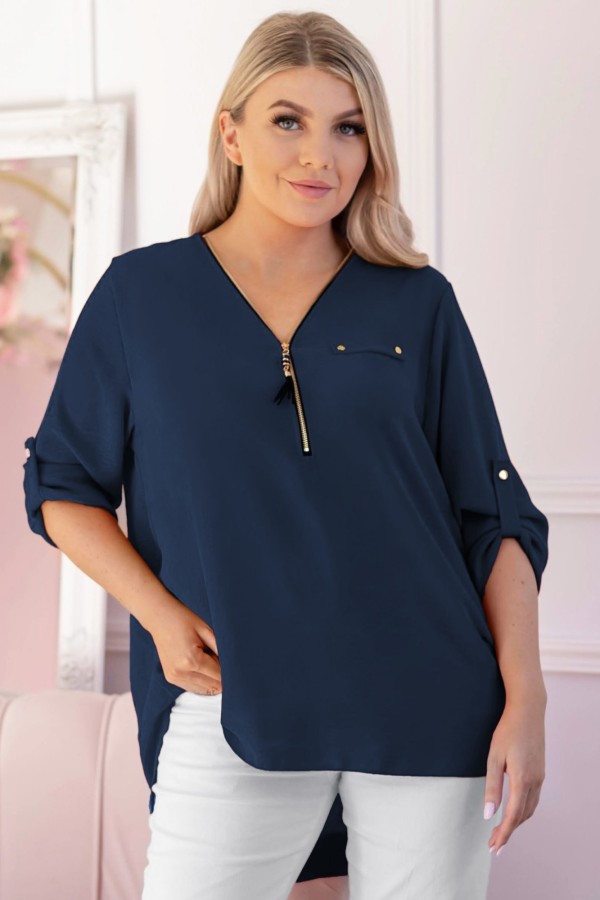 Elegancka bluzka koszula w kolorze granatowym dekolt zamek ZIP secret 2