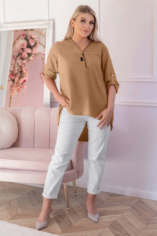 Elegancka bluzka koszula w kolorze jasnego brązu dekolt zamek ZIP secret 1