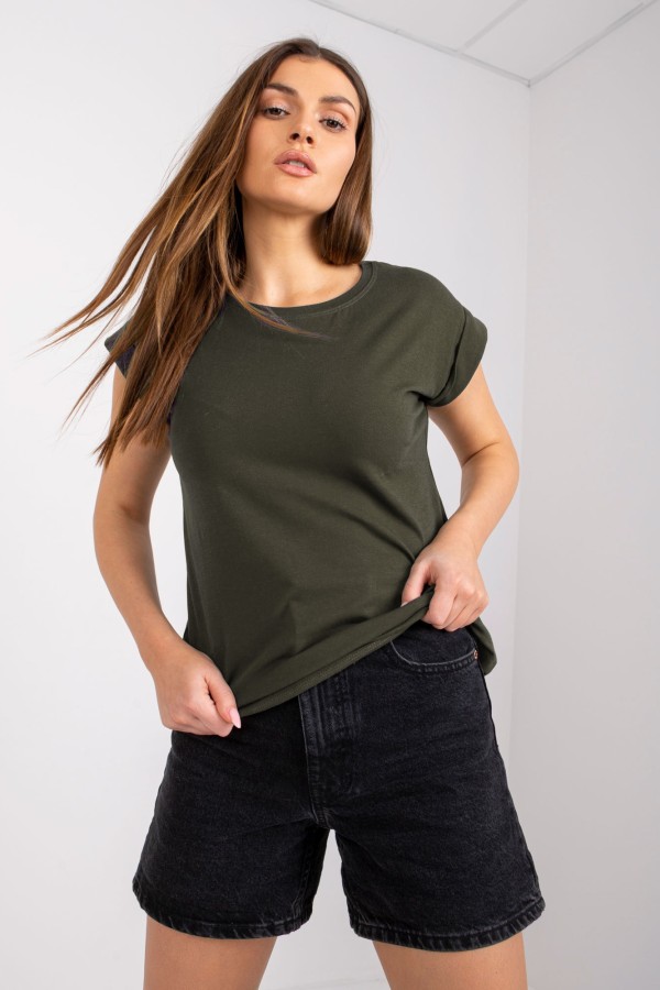 Bluzka damska w kolorze khaki t-shirt basic podwijany rękaw Mila 1