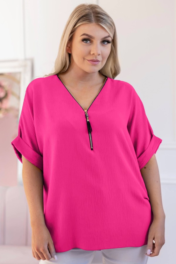 Elegancka bluzka koszula krótki rękaw w kolorze różowym dekolt zamek ZIP STEFANA 2