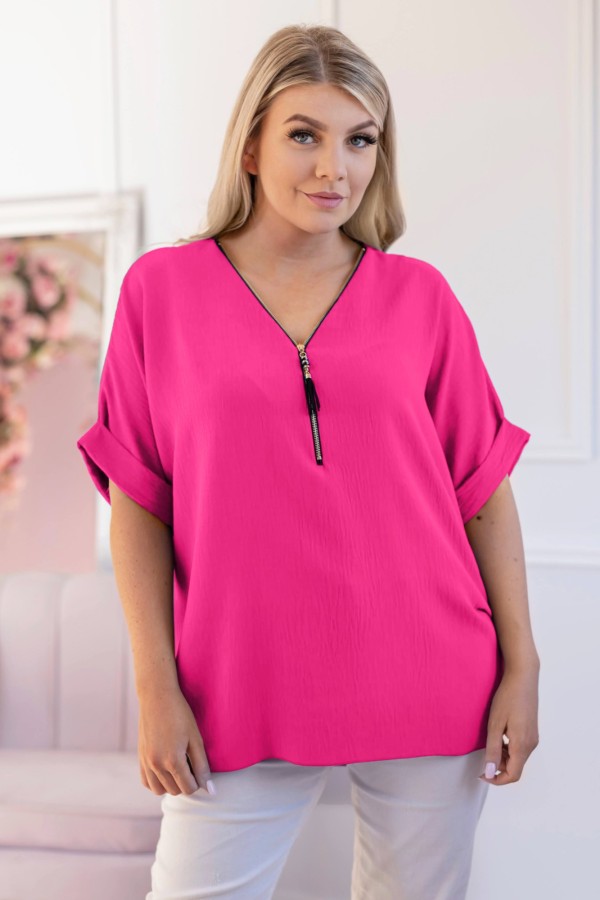 Elegancka bluzka koszula krótki rękaw w kolorze różowym dekolt zamek ZIP STEFANA 1