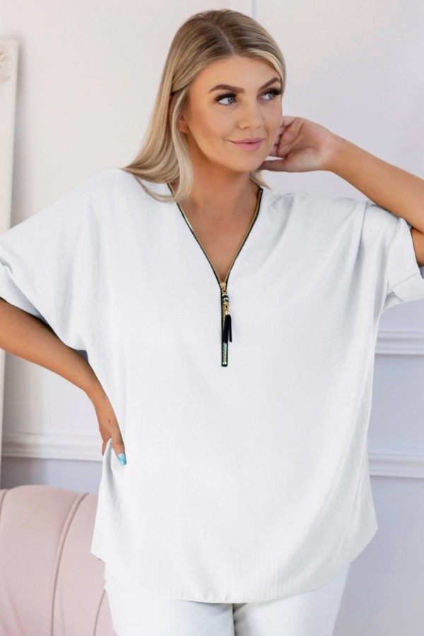 Elegancka bluzka koszula krótki rękaw w kolorze białym dekolt zamek ZIP STEFANA 2