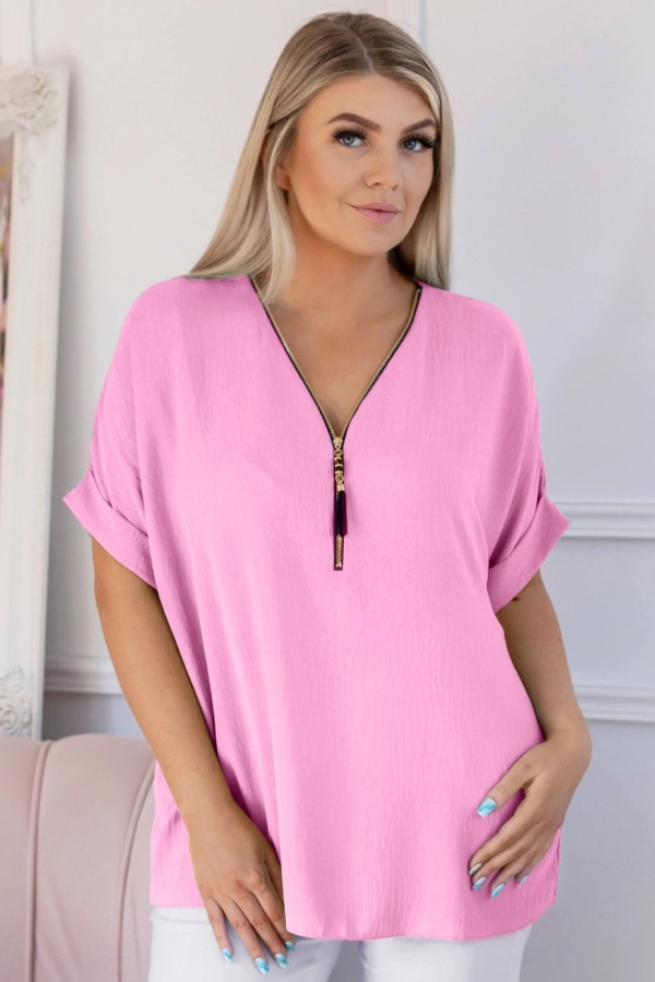 Elegancka bluzka koszula krótki rękaw w kolorze jasnego różu dekolt zamek ZIP STEFANA 2