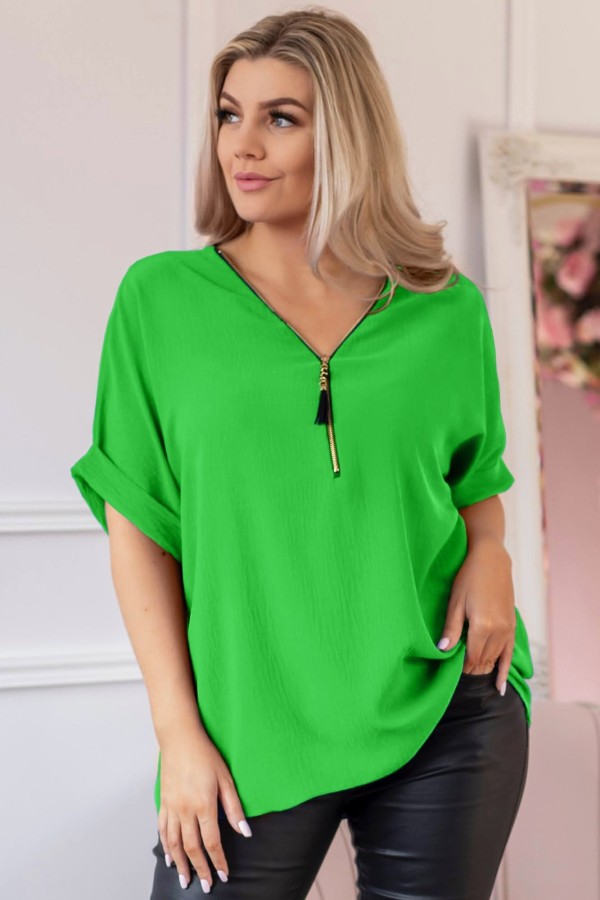Elegancka bluzka koszula krótki rękaw w kolorze zielonym dekolt zamek ZIP STEFANA 2