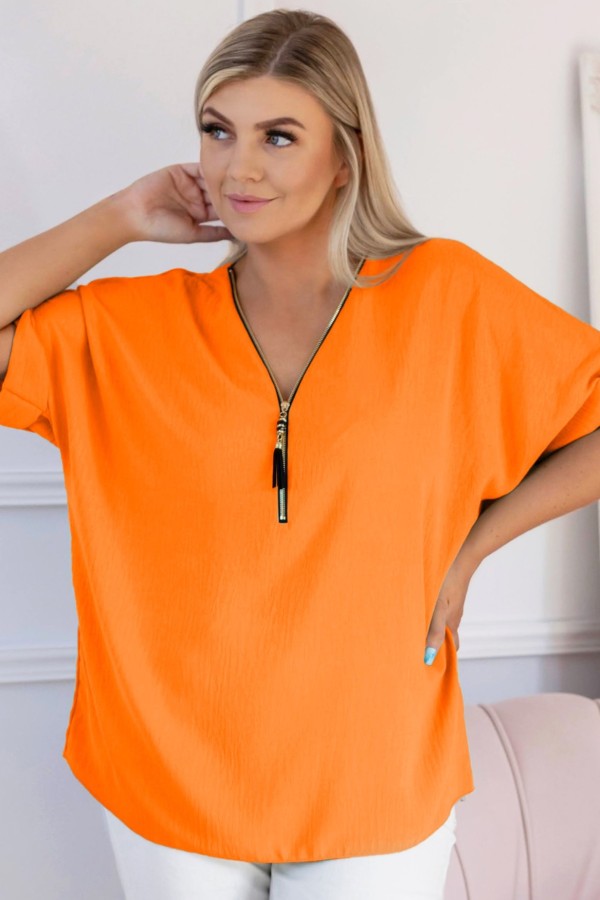 Elegancka bluzka koszula krótki rękaw w kolorze pomarańczowym dekolt zamek ZIP STEFANA