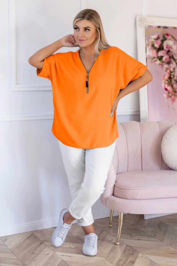 Elegancka bluzka koszula krótki rękaw w kolorze pomarańczowym dekolt zamek ZIP STEFANA 1