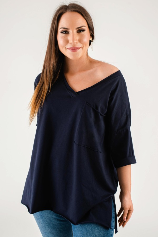 Tunika damska w kolorze granatowym bluzka oversize v-neck kieszeń Polina