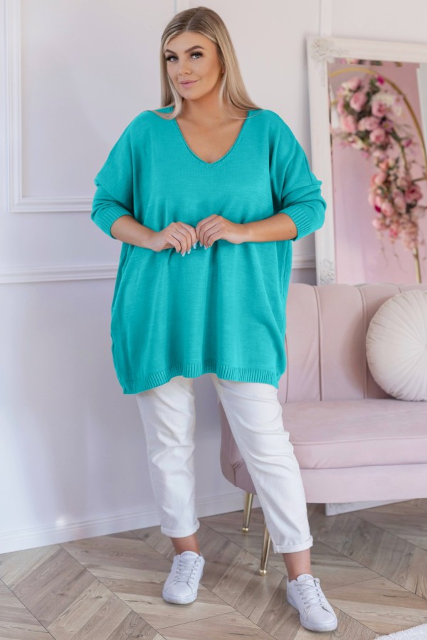 MEGA oversize sweter damski w kolorze turkusowym dekolt V DAFNE 1