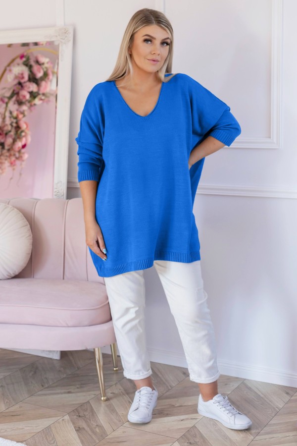 MEGA oversize sweter damski w kolorze lazurowym dekolt V DAFNE 1