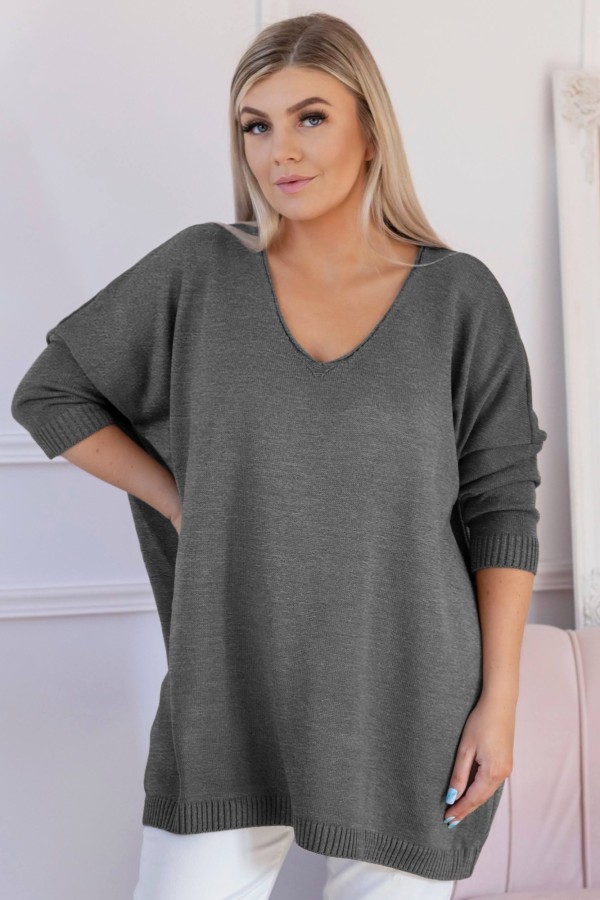 MEGA oversize sweter damski w kolorze grafitowym dekolt V DAFNE 2