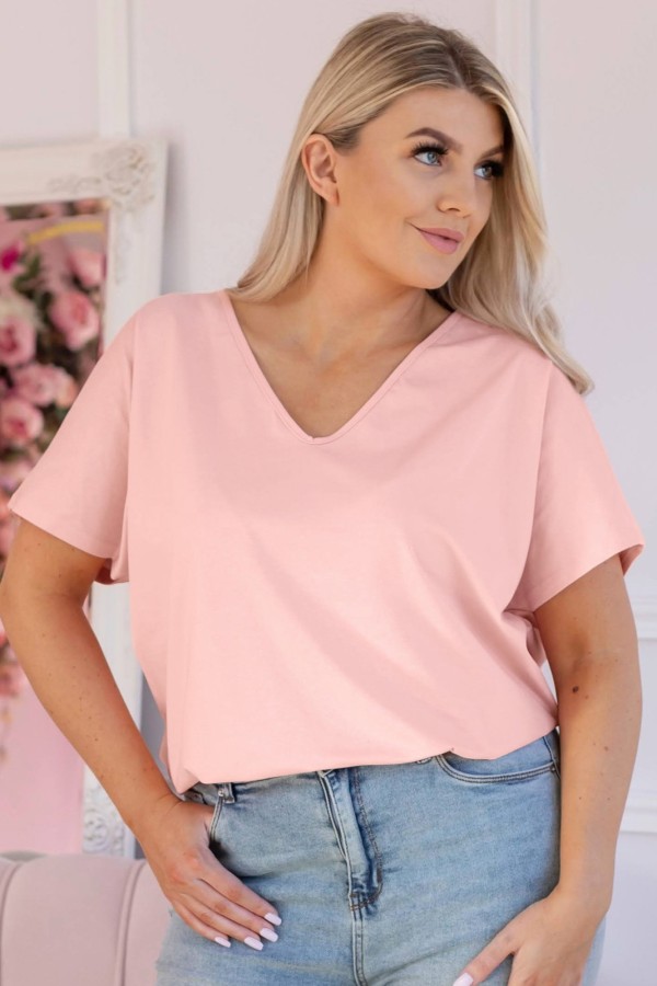 T-shirt damski plus size w kolorze pudrowym dekolt w serek FOXI 2
