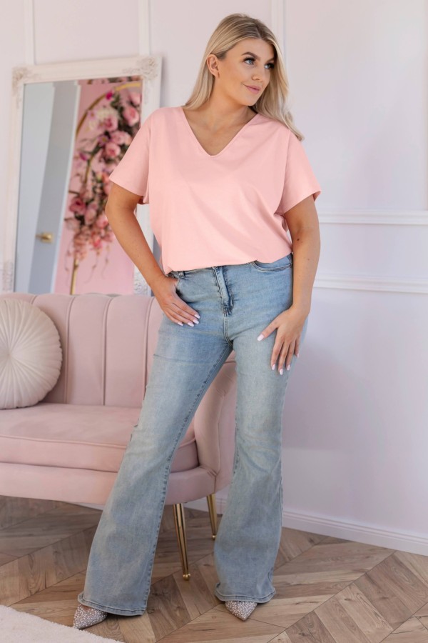 T-shirt damski plus size w kolorze pudrowym dekolt w serek FOXI 1